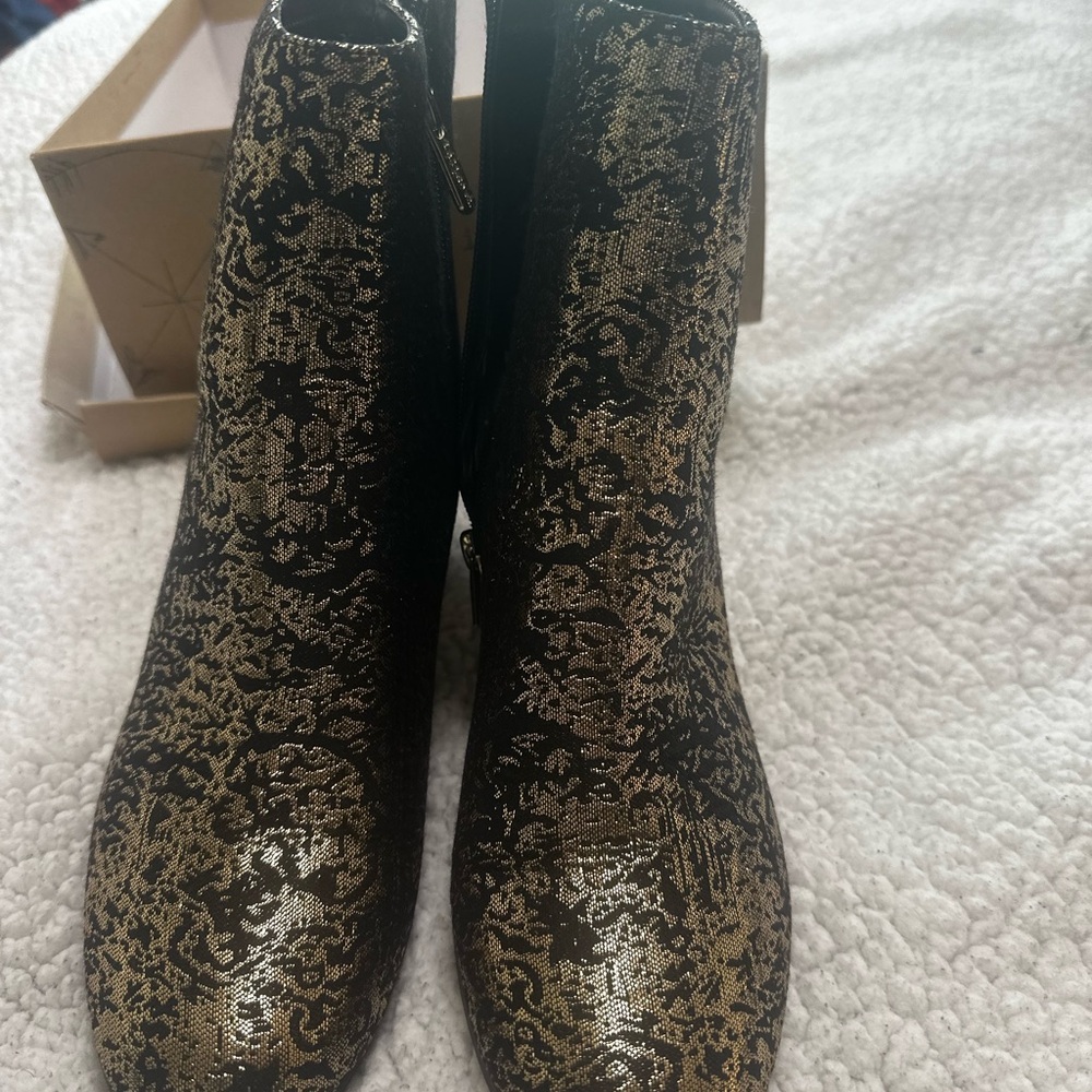 Indigo Black and Gold Brocade Ankle Boots